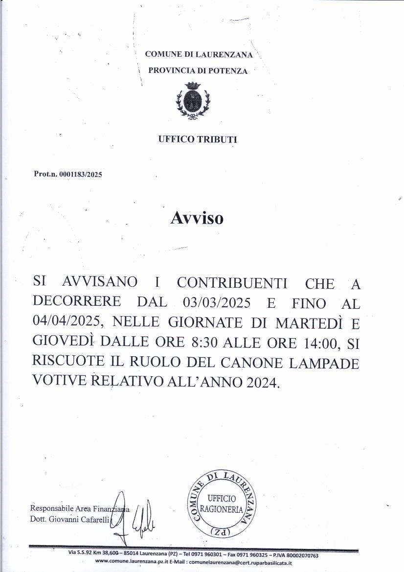 AVVISO Pagamento Lampade votive anno 2024
